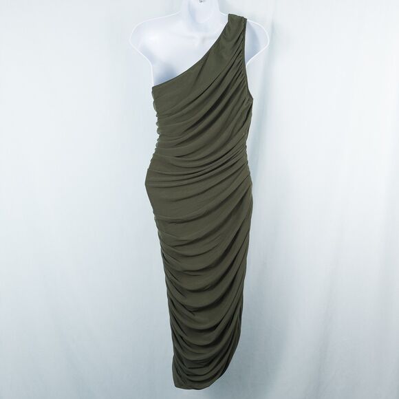 Prettygarden One Shoulder Ruched Bodycon Asymmetric Midi Dress Size Medium Green - Picture 2 of 16